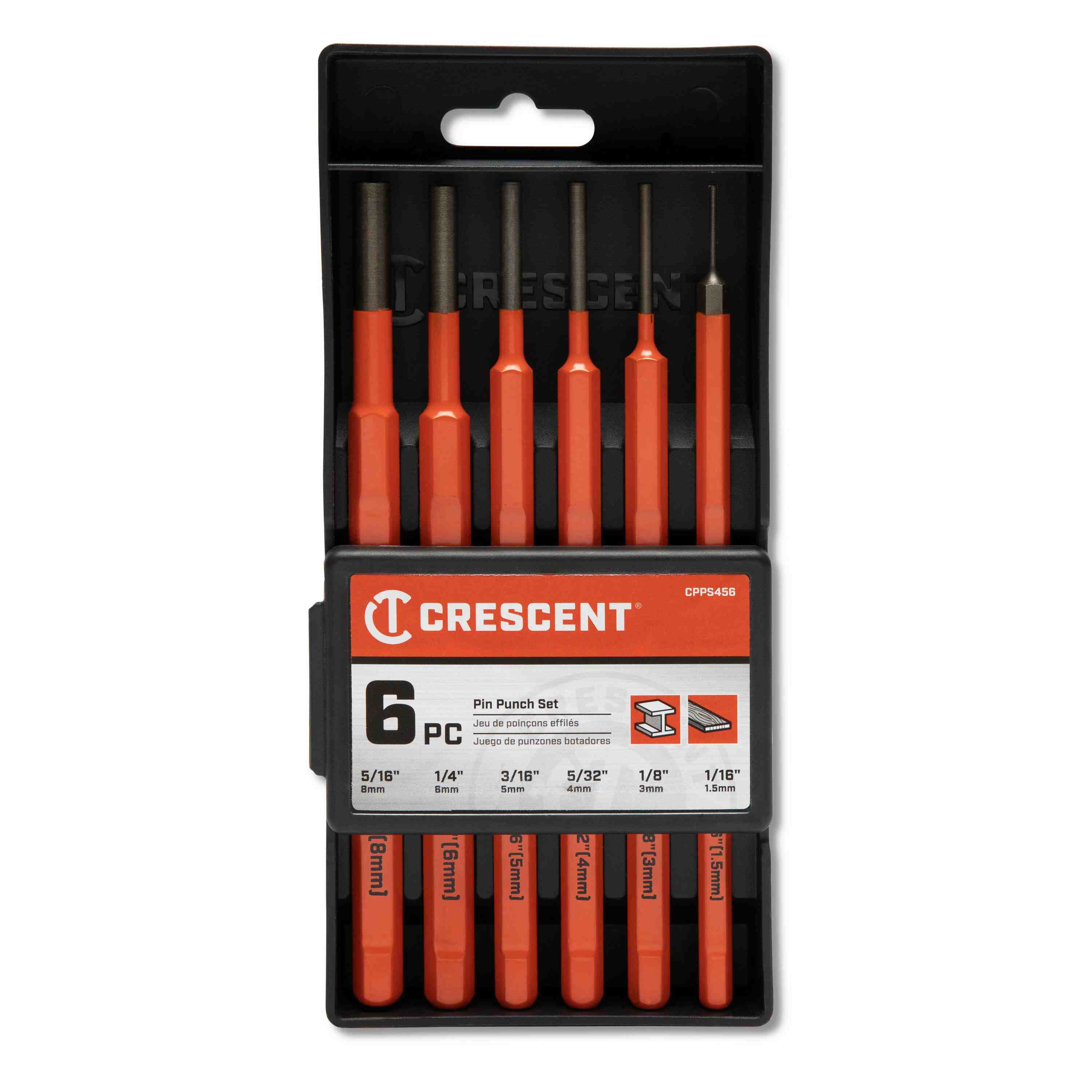 A professional product photograph of the Crescent 6-piece pin punch set organized in its black storage case, featuring sizes from 1/16-inch to 5/16-inch with extra-large hardened striking caps.