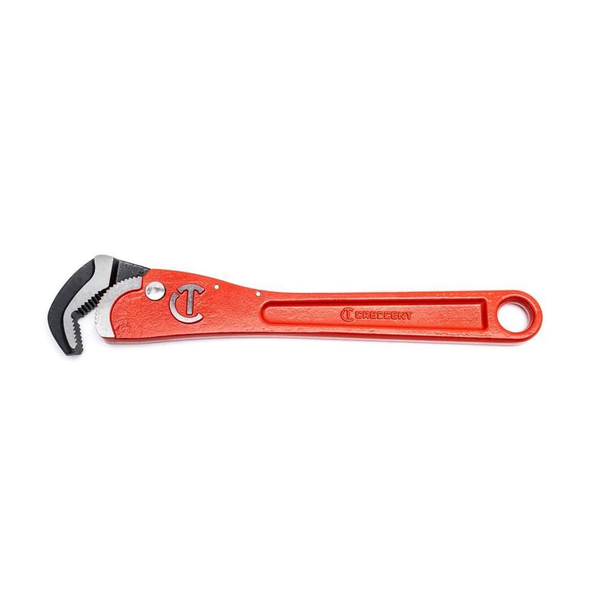 Full profile view of the Crescent CPW12S 12-inch self-adjusting steel pipe wrench featuring a high-visibility orange finish and a specialized spring-loaded ratcheting head for one-handed plumbing operation.