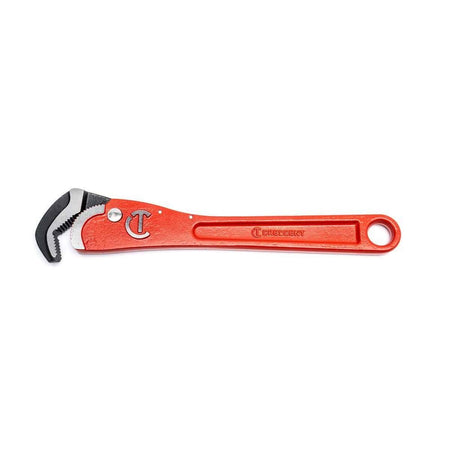 Full profile view of the Crescent CPW12S 12-inch self-adjusting steel pipe wrench featuring a high-visibility orange finish and a specialized spring-loaded ratcheting head for one-handed plumbing operation.