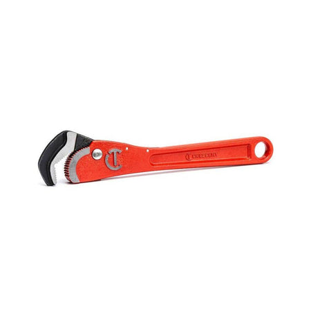 Angled studio shot of the Crescent CPW12S steel pipe wrench illustrating the slim profile design and the heavy-duty forged steel construction suitable for MRO and mechanical repair.