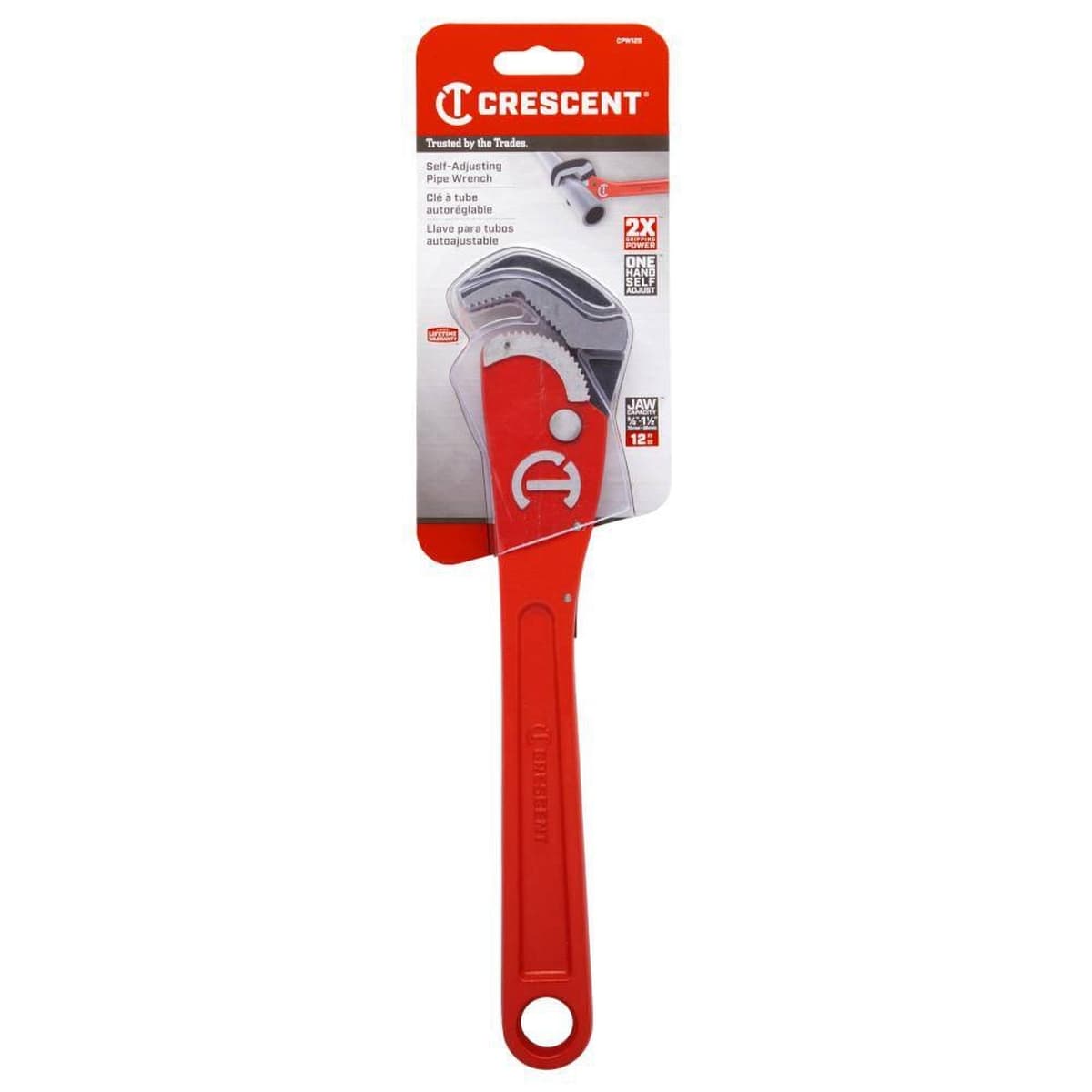 The Crescent 12-inch self-adjusting steel pipe wrench in its original retail carded packaging, emphasizing the 1.5-inch jaw capacity and the 2x gripping power compared to standard pliers.