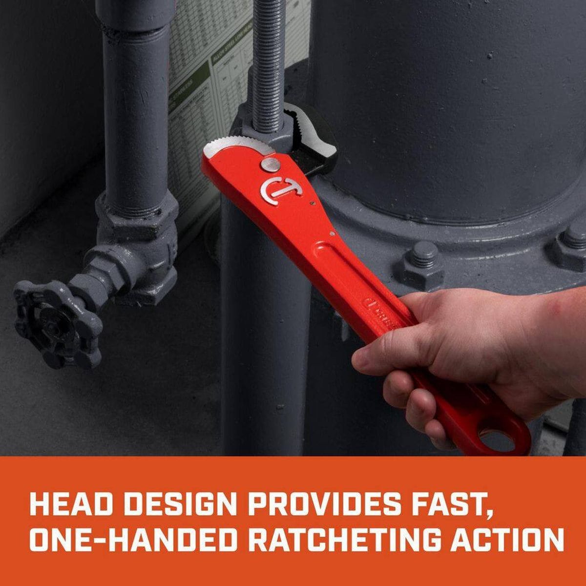 Action shot of a worker's hand using the self-adjusting pipe wrench to tighten a vertical threaded pipe, demonstrating the fast one-handed ratcheting action in a real-world plumbing scenario.