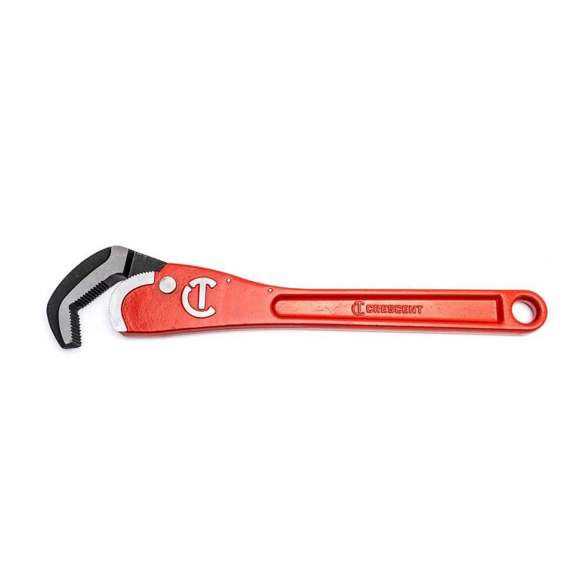 Full side profile view of the Crescent CPW16S 16-inch self-adjusting steel pipe wrench featuring a heavy-duty orange finish and a specialized spring-loaded head for one-handed operation.