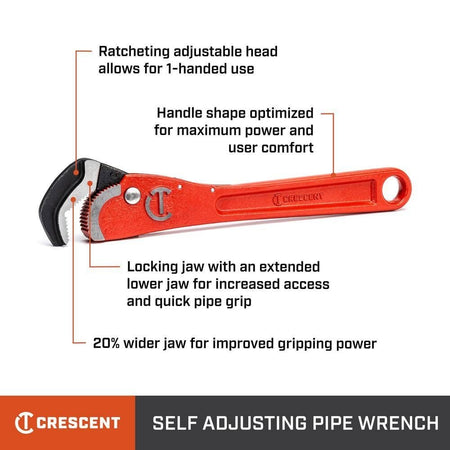 Infographic detailing the professional features of the Crescent 16-inch self-adjusting wrench, highlighting the ratcheting adjustable head, optimized handle for maximum power, locking jaw with extended lower jaw for increased access, and a 20 percent wider jaw for improved gripping.