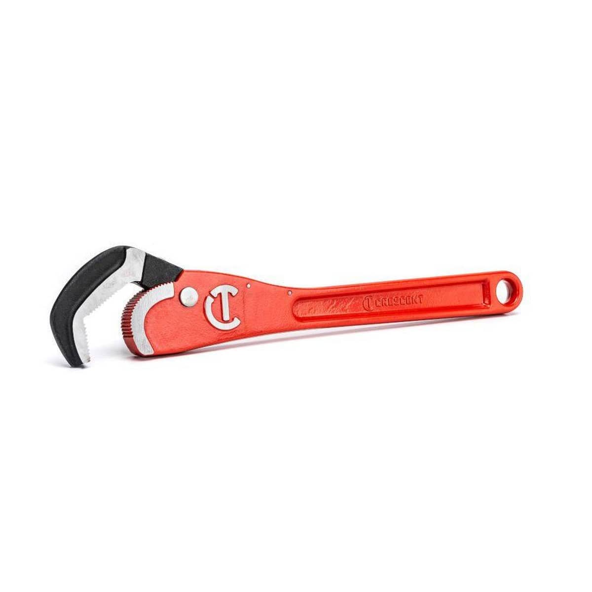 Angled studio view of the 16-inch self-adjusting steel pipe wrench against a white background, emphasizing the slim profile head and high-torque forged steel construction.
