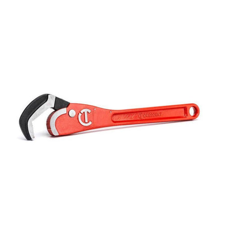 Angled studio view of the 16-inch self-adjusting steel pipe wrench against a white background, emphasizing the slim profile head and high-torque forged steel construction.