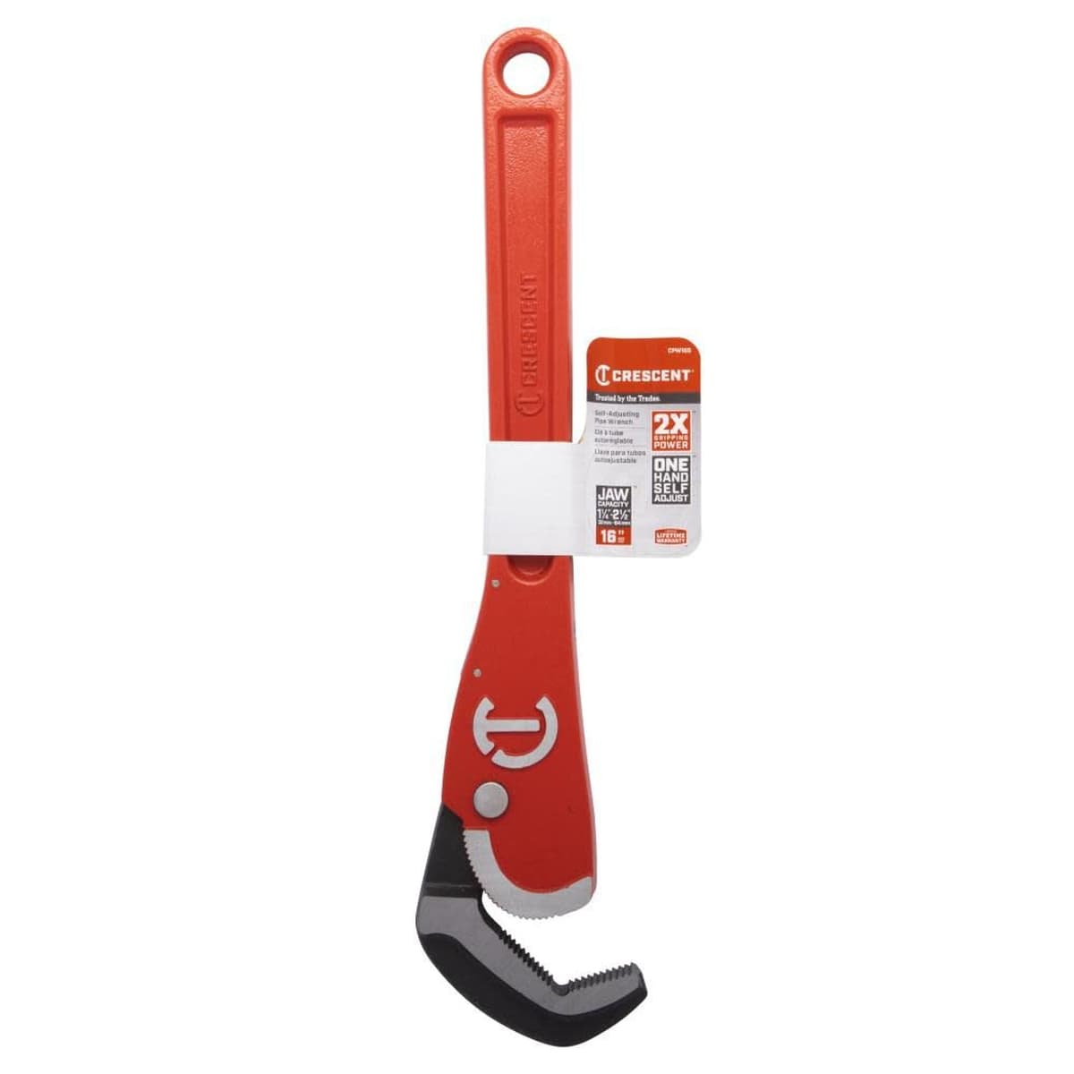 The Crescent CPW16S self-adjusting pipe wrench in its original retail hanging card packaging, showcasing the 2.5-inch jaw capacity and 2x gripping power for plumbing and MRO.