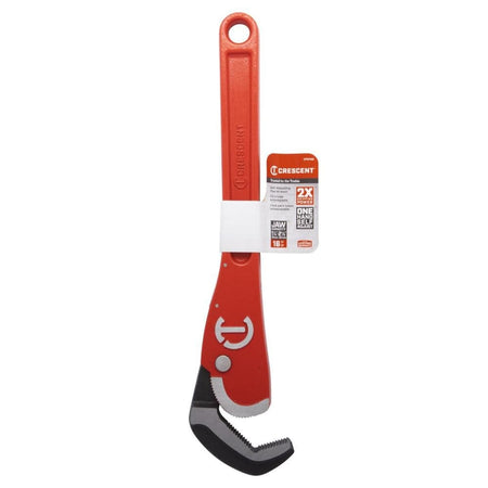 The Crescent CPW16S self-adjusting pipe wrench in its original retail hanging card packaging, showcasing the 2.5-inch jaw capacity and 2x gripping power for plumbing and MRO.