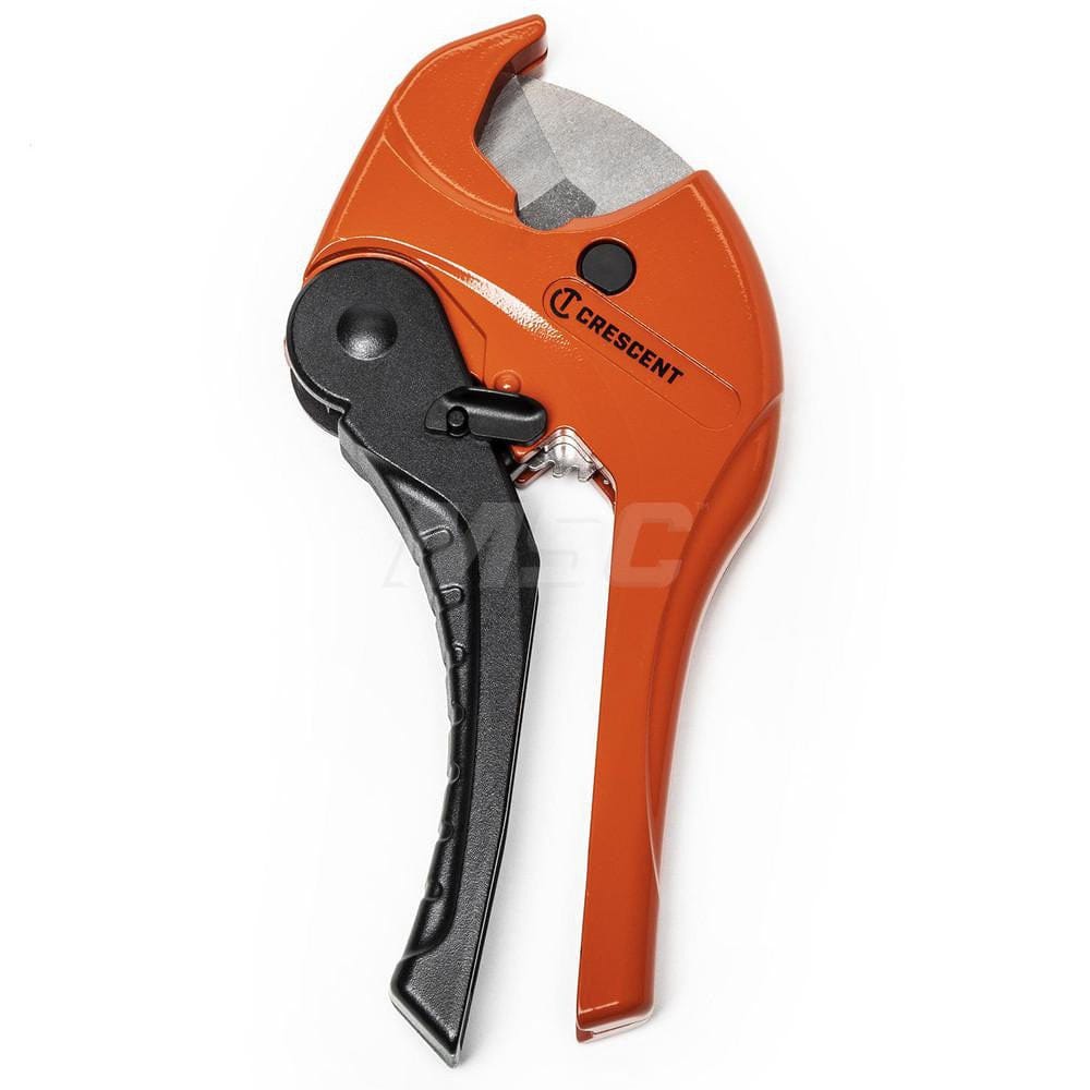 A professional product photograph of the Crescent CRPC118 1-1/8 inch ratcheting pipe cutter featuring a heavy-duty orange body, black ratcheting handle with non-slip grips, and a precision-ground hardened steel blade.
