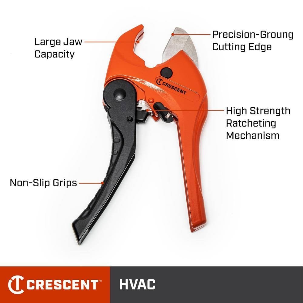 An informational product graphic for the Crescent ratcheting pipe cutter highlighting key features including a large jaw capacity, precision-ground cutting edge, high-strength ratcheting mechanism, and ergonomic non-slip grips.