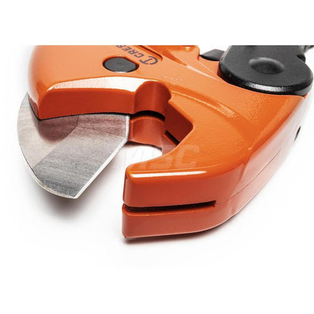 A detailed close-up view of the Crescent pipe cutter's precision-ground steel blade and jaw, emphasizing the thick blade geometry designed to prevent bowing and ensure square cuts in professional plumbing applications.