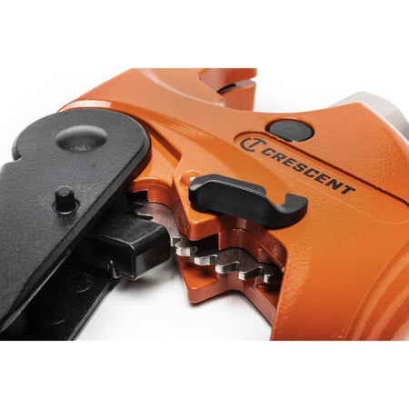 A close-up view of the high-strength all-metal ratcheting mechanism on the Crescent CRPC118, demonstrating the industrial-grade internal linkages built for extreme durability and reduced cutting effort.