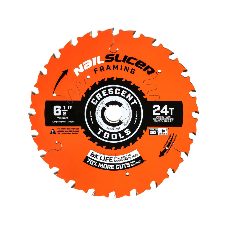 Front view of the Crescent CSBFR-624 6-1/2 inch 24-tooth NailSlicer framing circular saw blade, featuring high-impact carbide teeth and orange Active Shield coating for 8X longer life in nail-embedded wood.