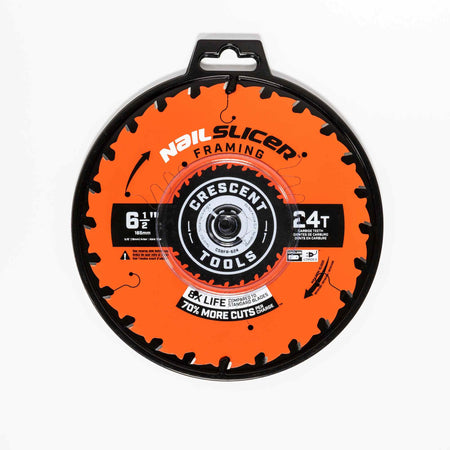 The Crescent NailSlicer framing saw blade shown in its protective black plastic retail hang-pack, highlighting its 24-tooth design and compatibility with 5/8 inch arbor circular saws.