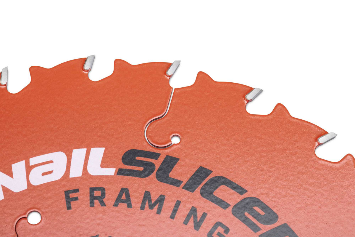 Macro view of the Crescent circular saw blade perimeter, showcasing the alternating tooth geometry and the thin kerf design for faster, more efficient wood cutting.