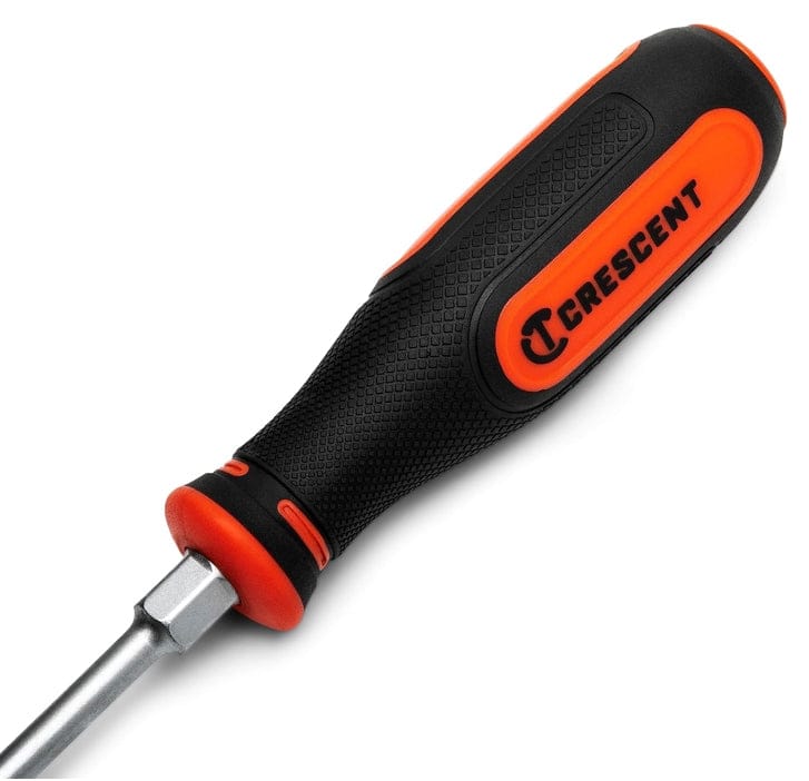 Close-up detail of the screwdriver handle meeting the shaft, highlighting the hex bolster for wrench-assisted torque and the textured rubber grip.