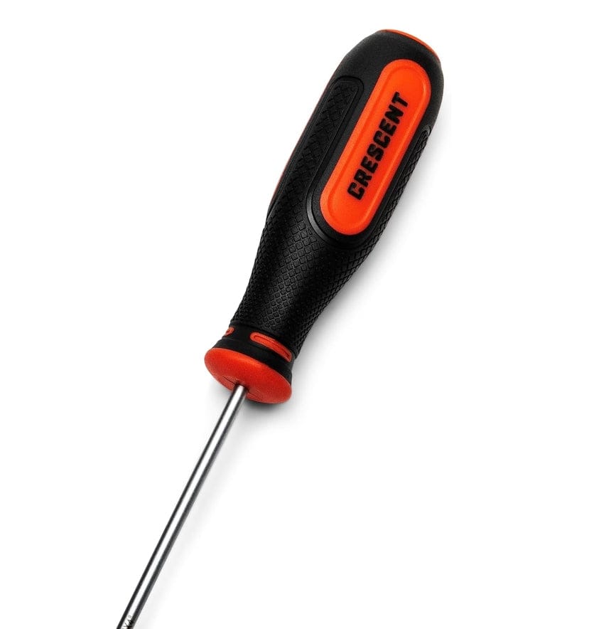 Studio shot of a single slotted screwdriver with a round shank and the black and orange Crescent tri-lobe handle.