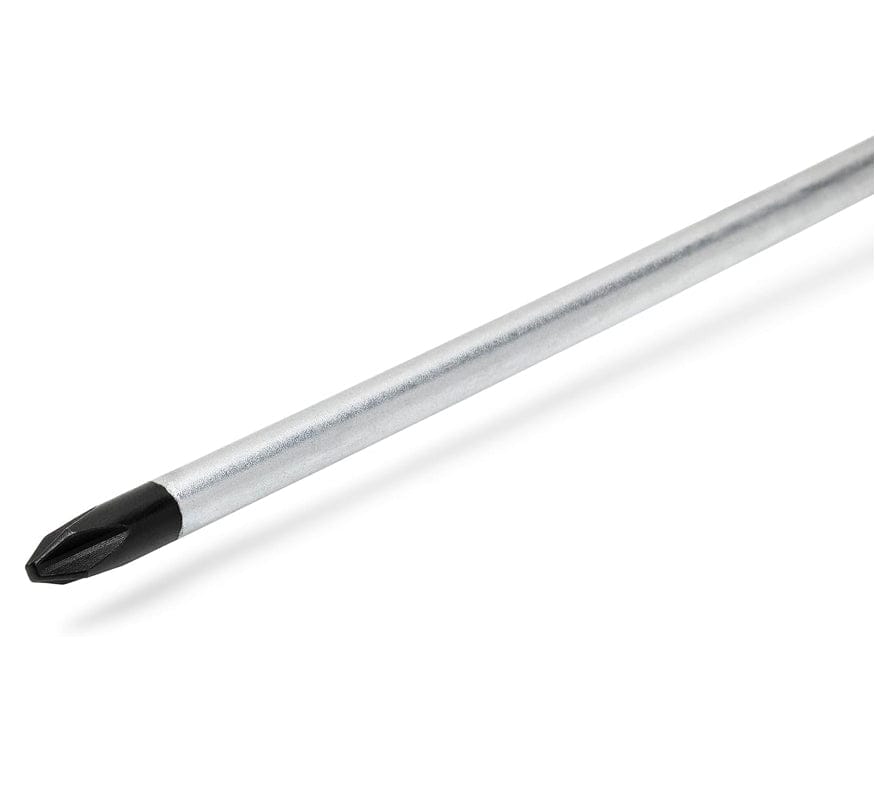 Macro shot of the screwdriver tip featuring a black oxide finish on a Phillips head design at the end of a chrome-plated steel shaft.