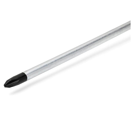 Macro shot of the screwdriver tip featuring a black oxide finish on a Phillips head design at the end of a chrome-plated steel shaft.