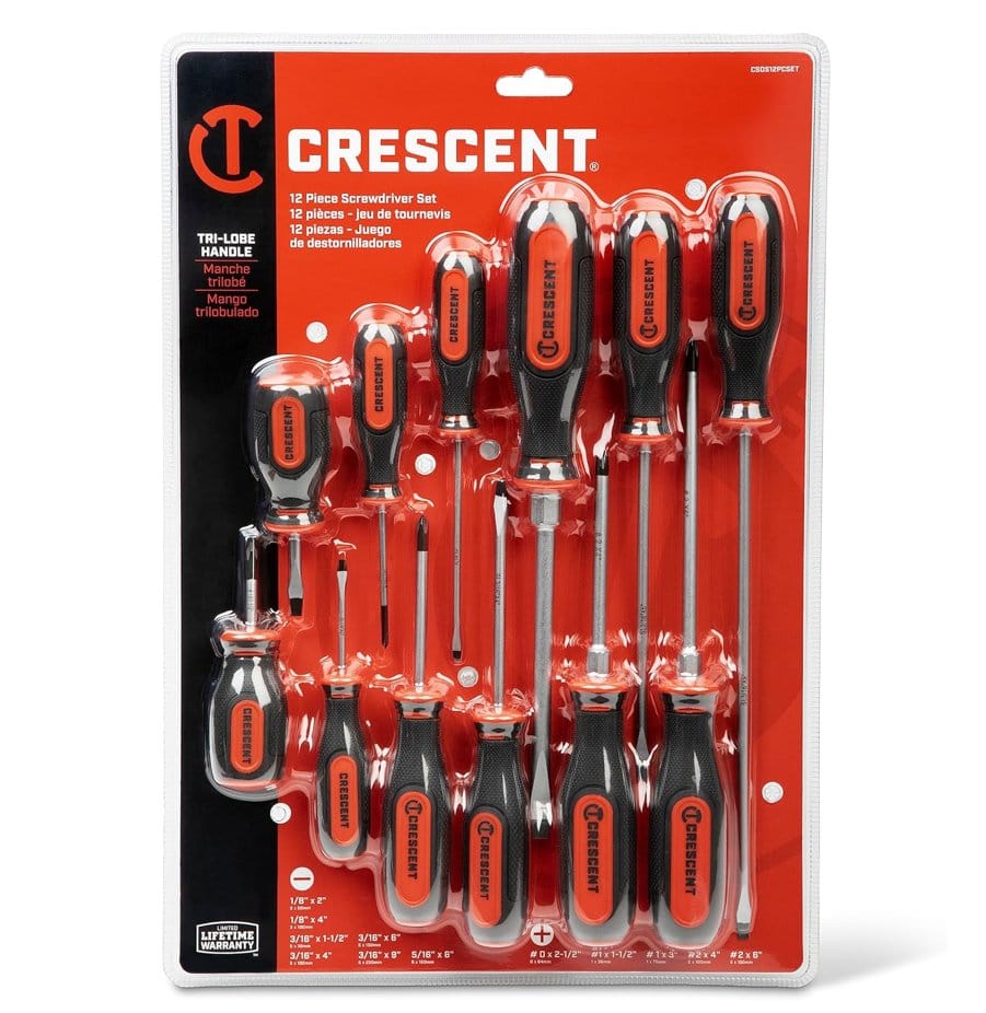 Retail packaging view showing the 12-piece set sealed in a blister pack with a red card, highlighting features like "Tri-Lobe Handle" and "Limited Lifetime Warranty".