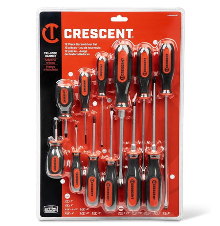 Retail packaging view showing the 12-piece set sealed in a blister pack with a red card, highlighting features like "Tri-Lobe Handle" and "Limited Lifetime Warranty".