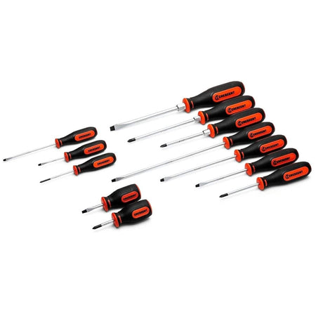 Group product shot of the full 12-piece screwdriver set arranged on a white surface, displaying the variety of lengths including stubby, standard, and long-reach drivers.