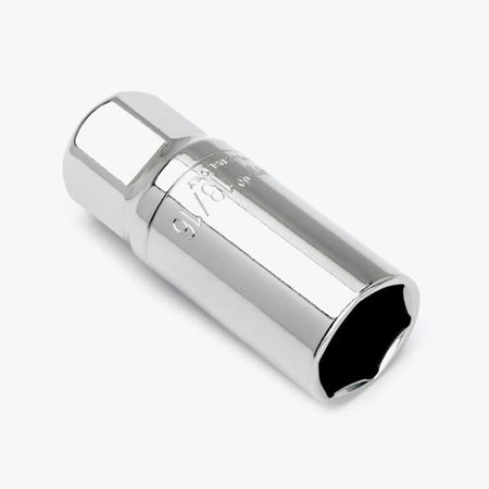 Angled view of the Crescent CSPS4N 1/2-inch drive 6-point 13/16-inch magnetic swivel spark plug socket, showcasing its polished chrome vanadium steel finish, designed for automotive engine repair.