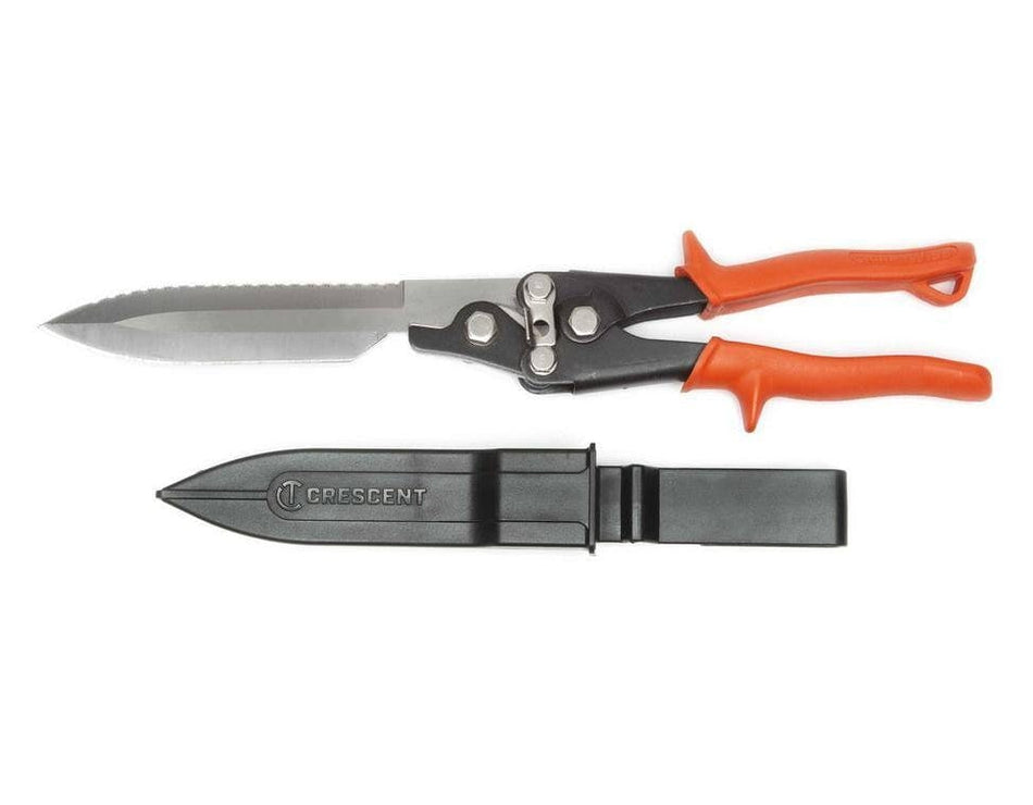 Studio shot of the Flex Duct Cutter positioned above its black injection-molded storage sheath featuring the Crescent logo.