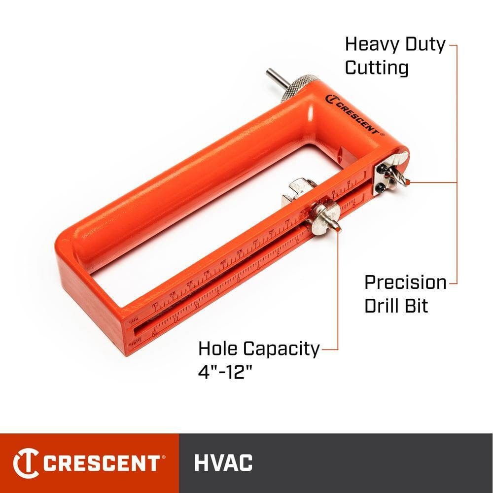 An infographic of the Crescent CTHOLECUT circle cutter identifying the heavy-duty cutting frame, precision drill bit, and the adjustable 4-inch to 12-inch hole capacity for HVAC and construction.