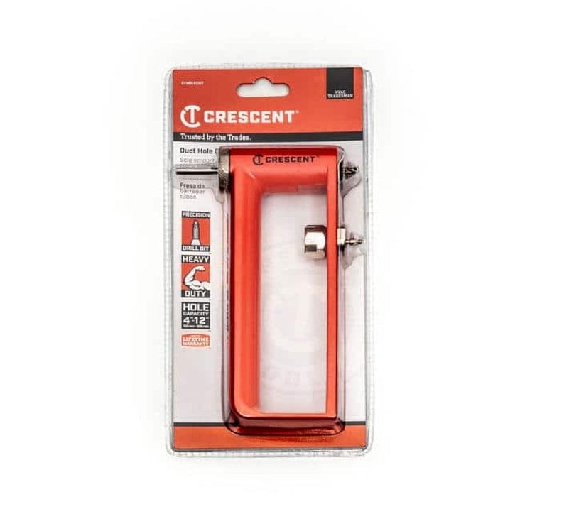 The Crescent CTHOLECUT 17-3/8 inch adjustable circle hole cutter in its original retail carded packaging, highlighting the 1/4-inch hex shank compatibility and high carbon steel blade.