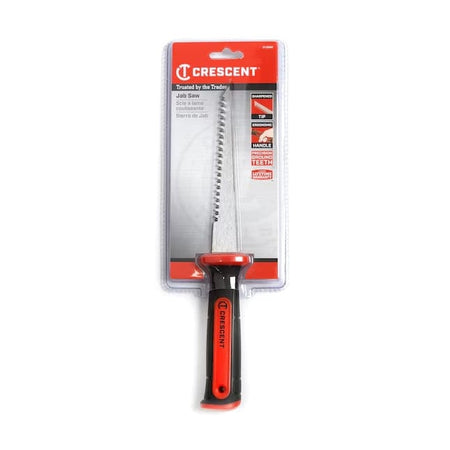 Retail packaging view showing the jab saw in a clear blister pack. The card features text callouts for "Sharpened Tip," "Ergonomic Handle," "Precision Ground Teeth," and a "Limited Lifetime Warranty" badge.