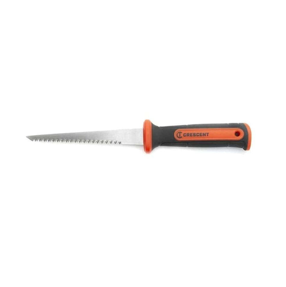 Side profile view of the 12-inch jab saw lying flat, showcasing the straight steel blade with aggressive teeth and the contoured orange and black grip handle.