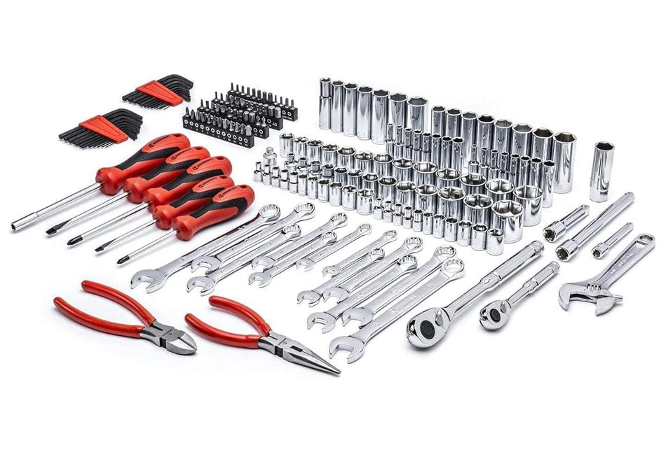 A comprehensive product display of the Crescent CTK180 180-piece mechanics tool set featuring full polish chrome sockets, 72-tooth ratchets, combination wrenches, screwdrivers, and pliers arranged neatly on a white surface.