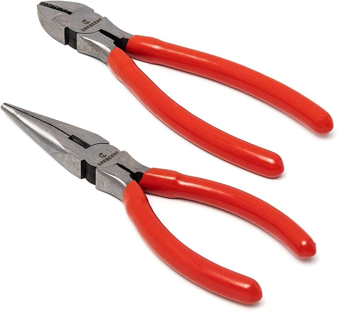 A close-up perspective of the Crescent needle-nose and diagonal cutting pliers, highlighting the industrial-strength steel construction and professional-grade pivot design.