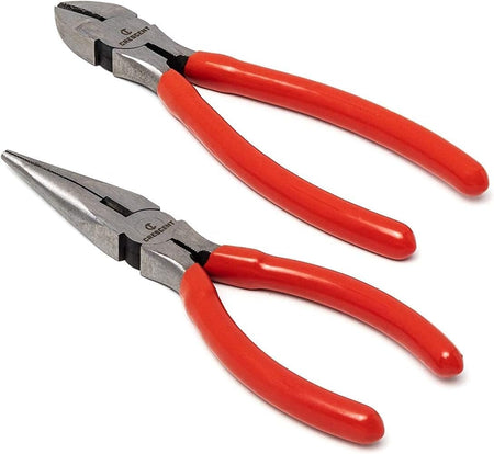 A close-up perspective of the Crescent needle-nose and diagonal cutting pliers, highlighting the industrial-strength steel construction and professional-grade pivot design.
