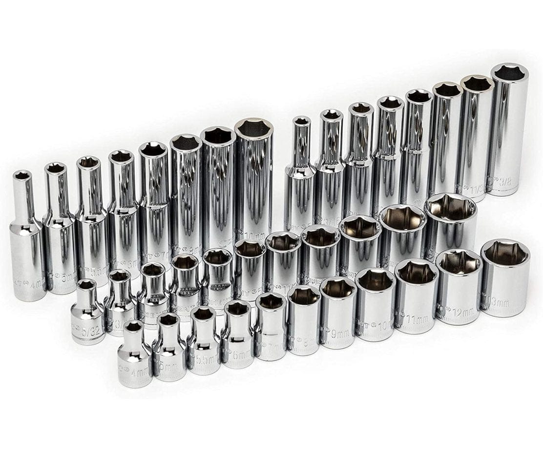A detailed arrangement of the 1/4-inch drive socket assortment from the CTK180 set, including standard and deep SAE and metric 6-point sockets with stamped size markings for easy identification.