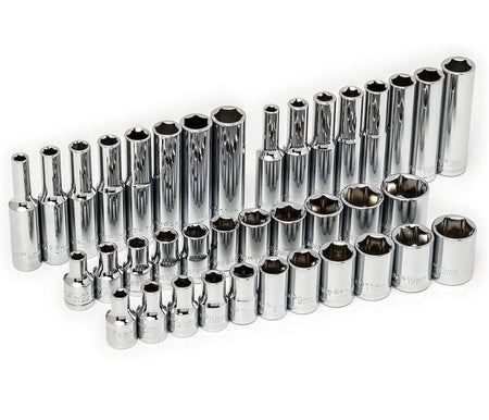 A detailed arrangement of the 1/4-inch drive socket assortment from the CTK180 set, including standard and deep SAE and metric 6-point sockets with stamped size markings for easy identification.