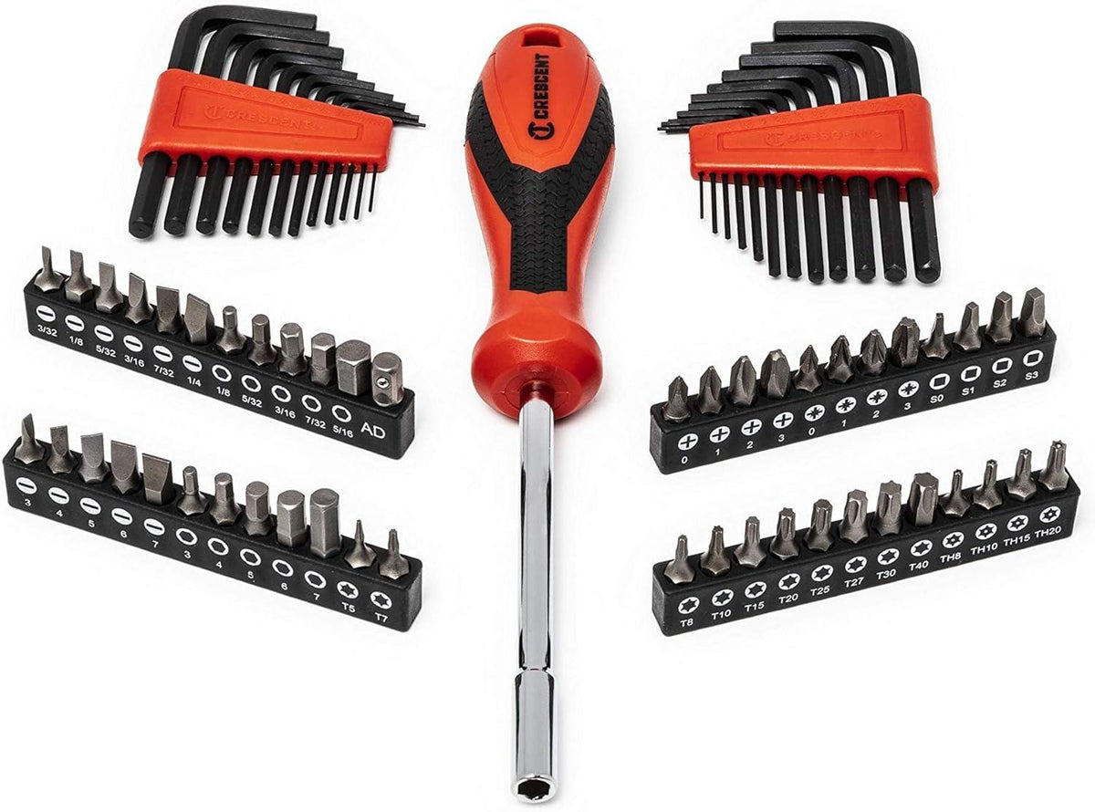A layout of the Crescent CTK180 accessory tools including a magnetic bit driver, two hex key sets in red holders, and multiple bit rails for versatile fastening applications.