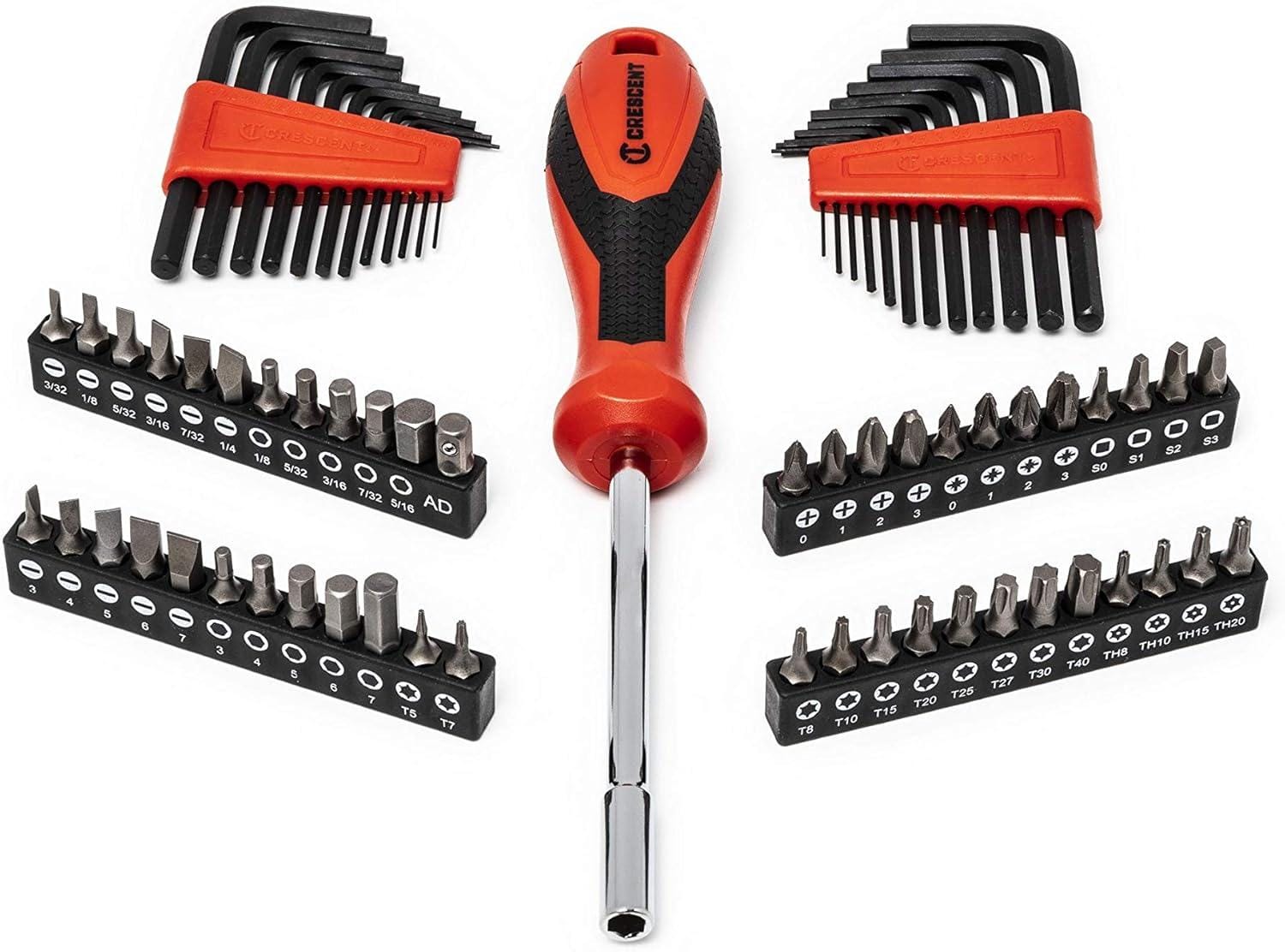 A layout of the Crescent CTK180 accessory tools including a magnetic bit driver, two hex key sets in red holders, and multiple bit rails for versatile fastening applications.