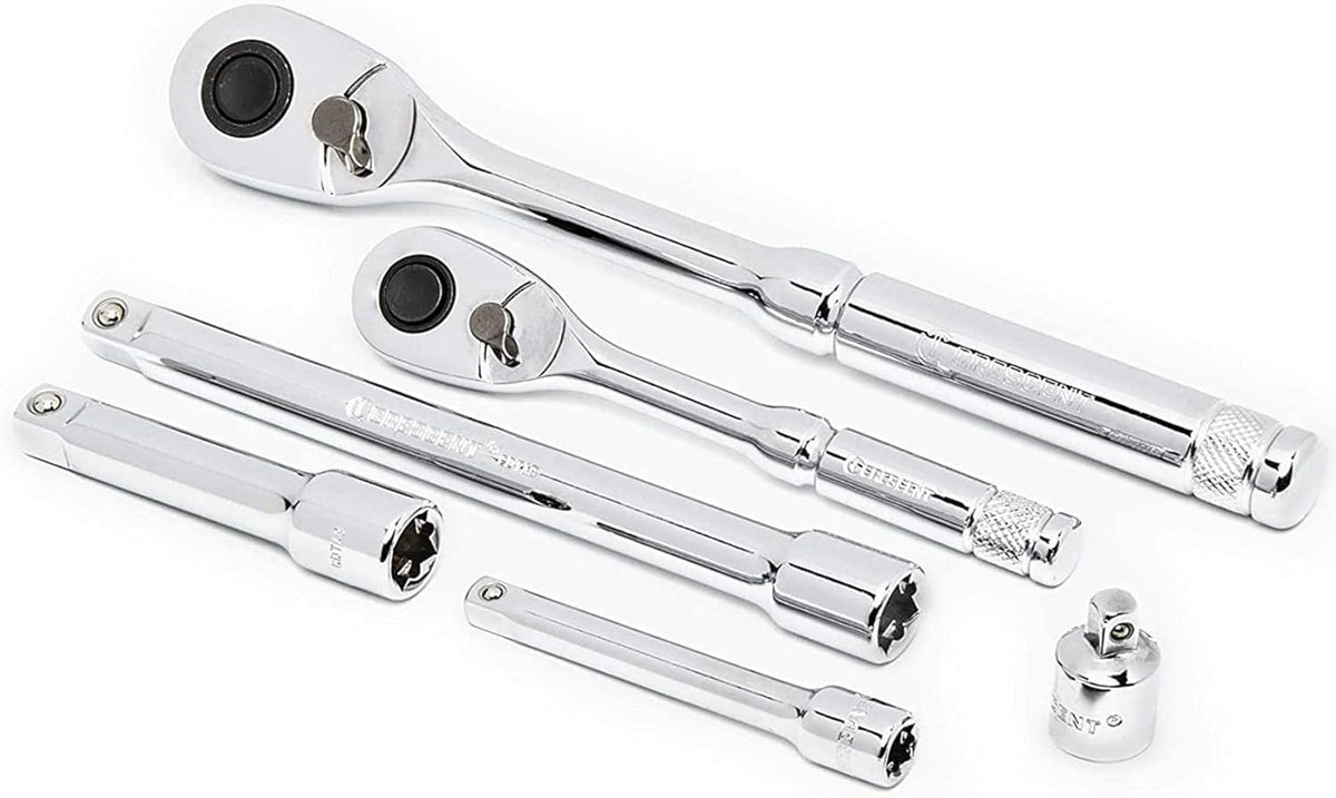 A professional arrangement of Crescent 1/4-inch and 3/8-inch drive 72-tooth ratchets with quick-release buttons alongside three extension bars and a drive adapter.