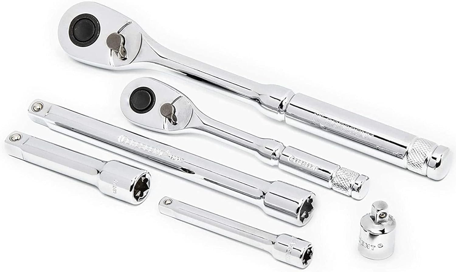 A professional arrangement of Crescent 1/4-inch and 3/8-inch drive 72-tooth ratchets with quick-release buttons alongside three extension bars and a drive adapter.
