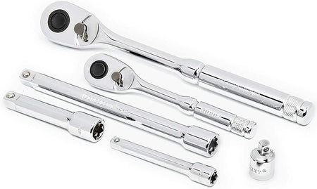 A professional arrangement of Crescent 1/4-inch and 3/8-inch drive 72-tooth ratchets with quick-release buttons alongside three extension bars and a drive adapter.