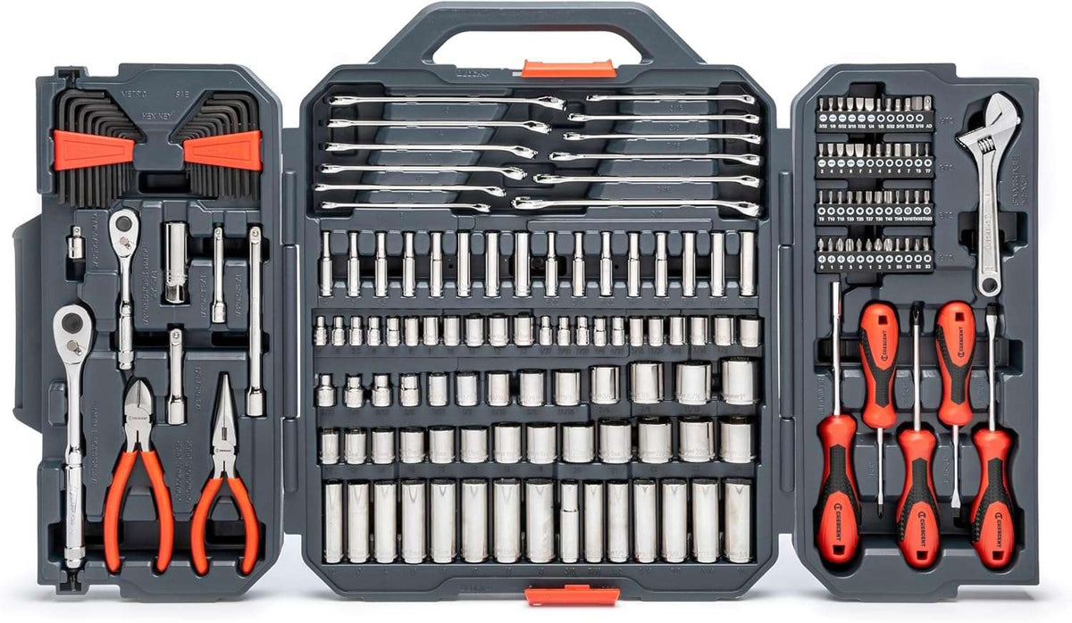 The interior view of the Crescent CTK180 tool set organized in its heavy-duty grey blow-molded carrying case, showcasing the secure custom-fit compartments for every SAE and metric tool.