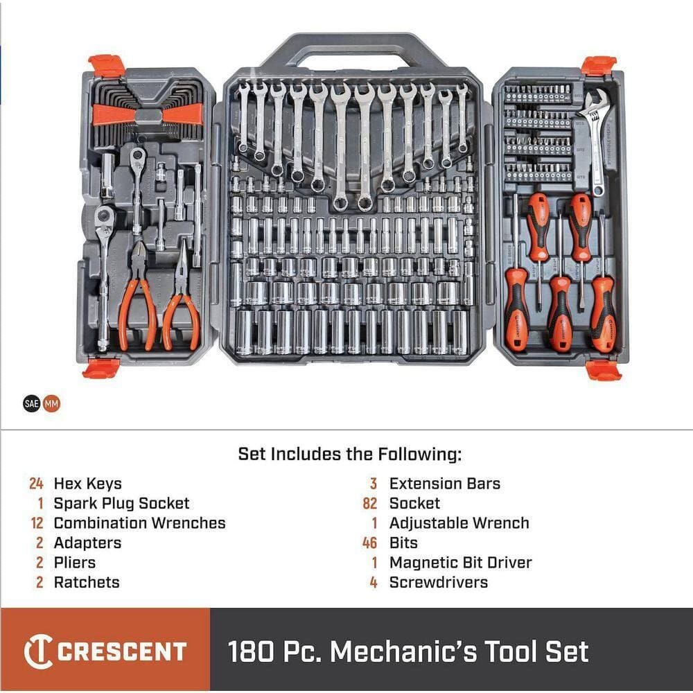An informative marketing graphic showing the Crescent 180-piece mechanics set with a detailed list of included components, including 82 sockets, 46 bits, 24 hex keys, and 12 combination wrenches.