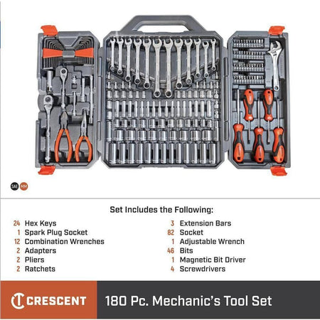 An informative marketing graphic showing the Crescent 180-piece mechanics set with a detailed list of included components, including 82 sockets, 46 bits, 24 hex keys, and 12 combination wrenches.