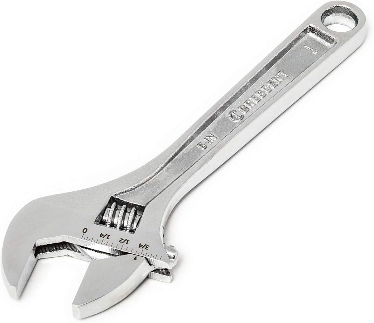 A high-detail close-up of the Crescent 6-inch adjustable wrench featuring a laser-etched SAE and metric scale for precise fastener sizing and a high-polish chrome finish for corrosion resistance.