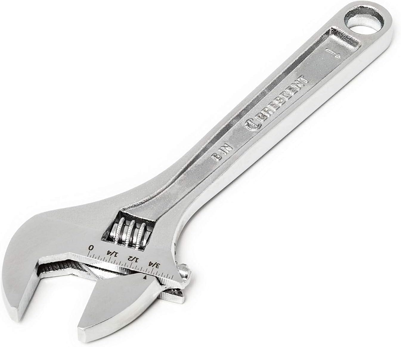 A high-detail close-up of the Crescent 6-inch adjustable wrench featuring a laser-etched SAE and metric scale for precise fastener sizing and a high-polish chrome finish for corrosion resistance.