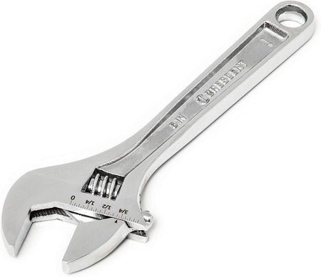 A high-detail close-up of the Crescent 6-inch adjustable wrench featuring a laser-etched SAE and metric scale for precise fastener sizing and a high-polish chrome finish for corrosion resistance.