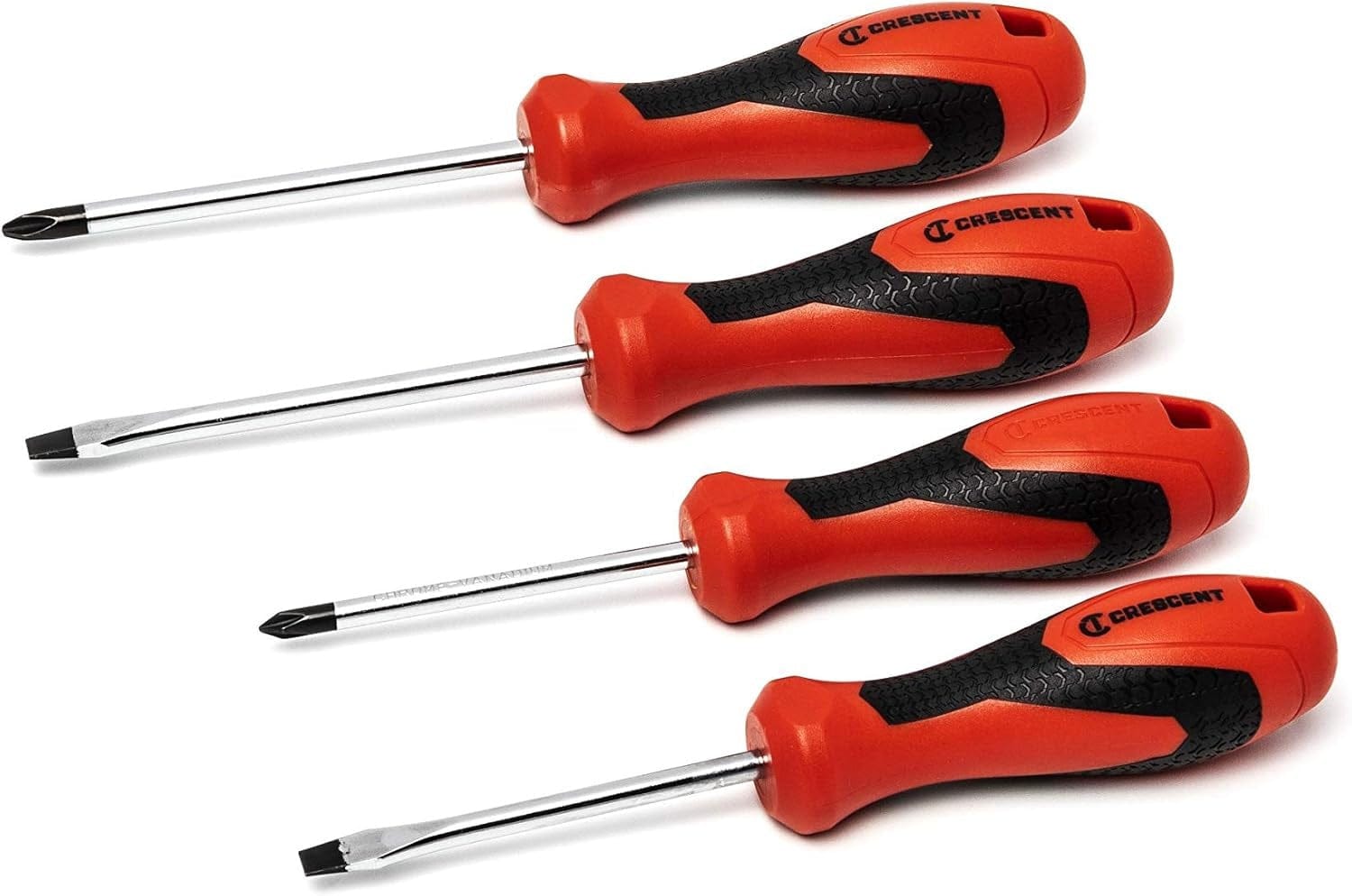 A set of four Crescent professional screwdrivers featuring ergonomic black and red co-molded handles designed for improved grip, torque, and comfort during extended mechanical use.