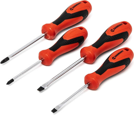 A perspective view of the Crescent screwdriver set showcasing the durable chrome vanadium steel blades and the distinct ergonomic handle profile for maximum user control.